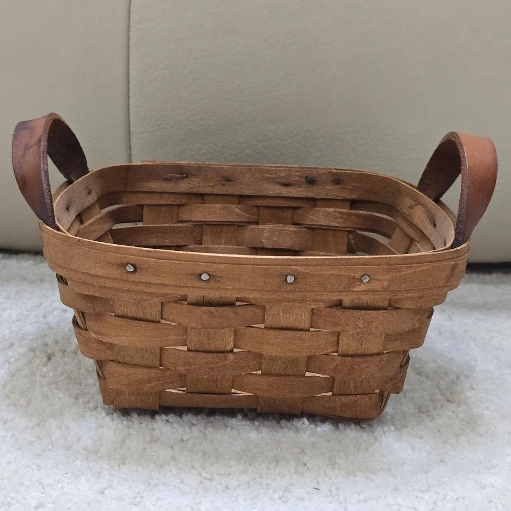 Woven Wood Basket‎ with Leather Handles Rustic Farmhouse Decor Square Vintage
